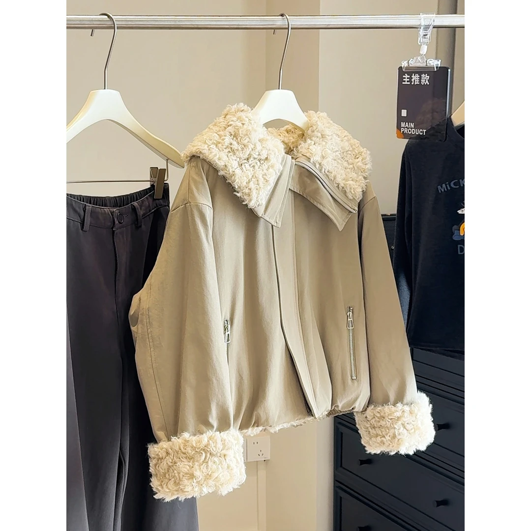 大翻领拉链羊羔绒加厚棉服女2025秋冬款宽松保暖派克服棉衣短外套