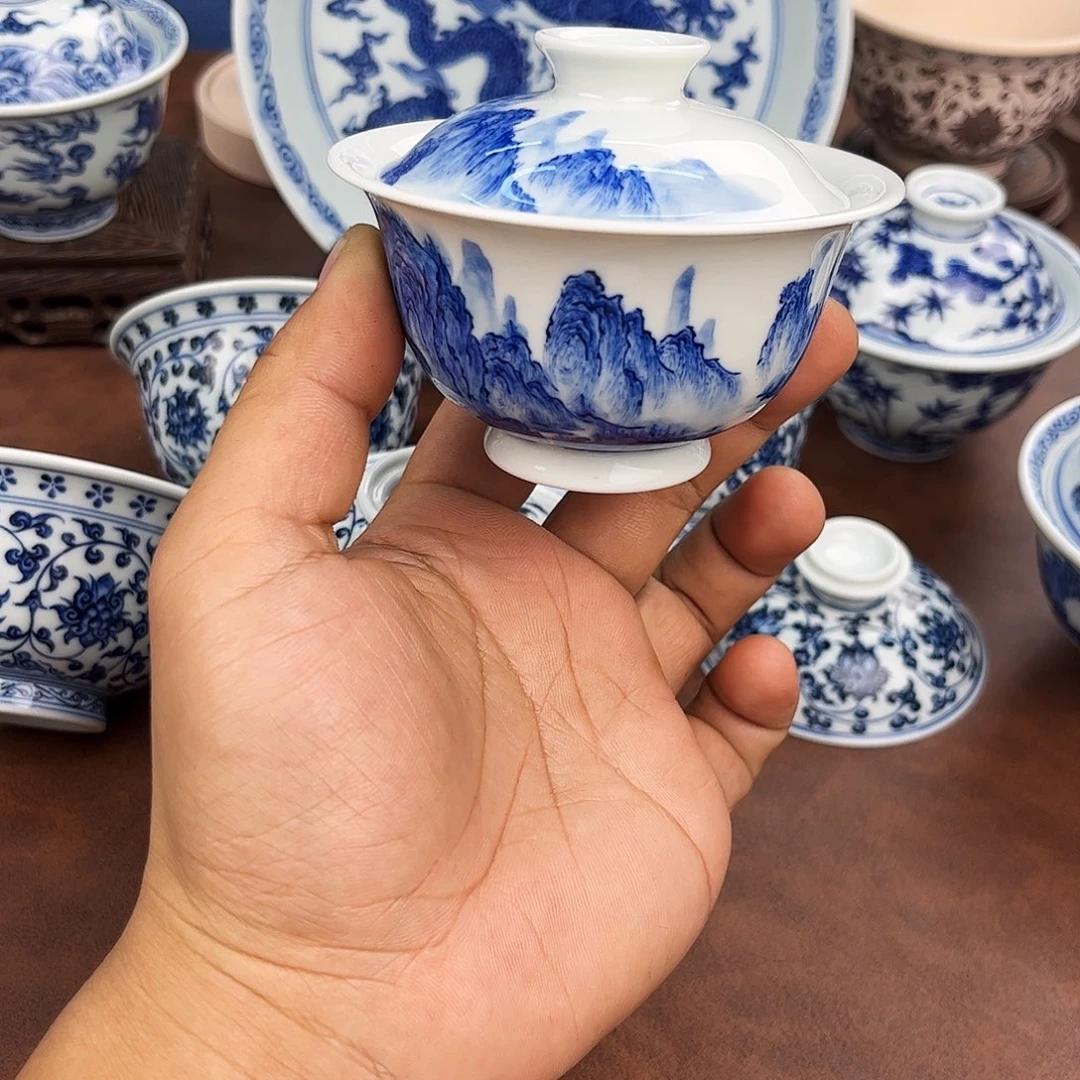 摆件微瑕山水盖碗手绘