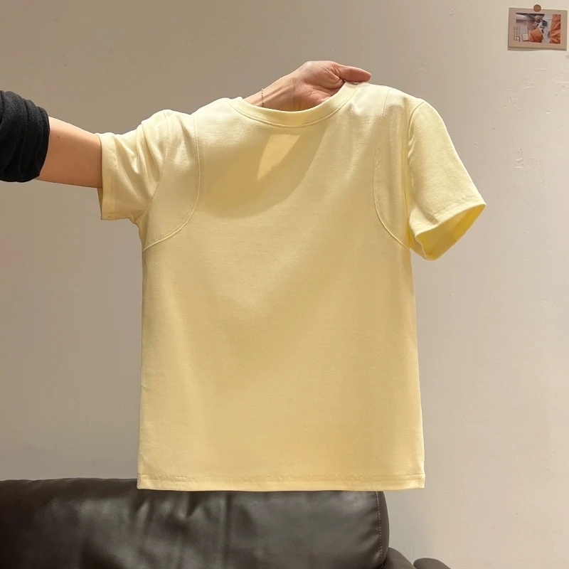 HONG JIA LIN/虹嘉琳纯欲鹅黄色圆领正肩短袖t恤大码内搭修身上衣