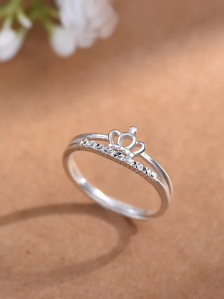 足银戒指 闪耀车花皇冠活口戒指双排足银990百搭小众气质可调节