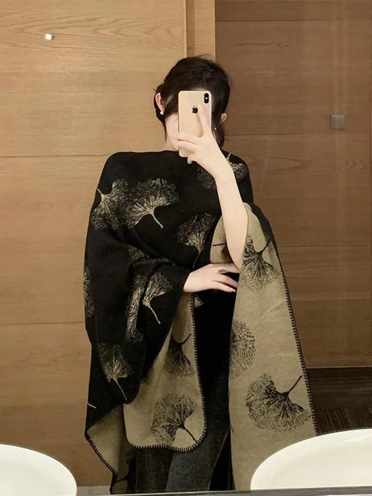 【大脸】外搭披肩女民族风银杏叶空调房斗篷旅游外搭披风75062