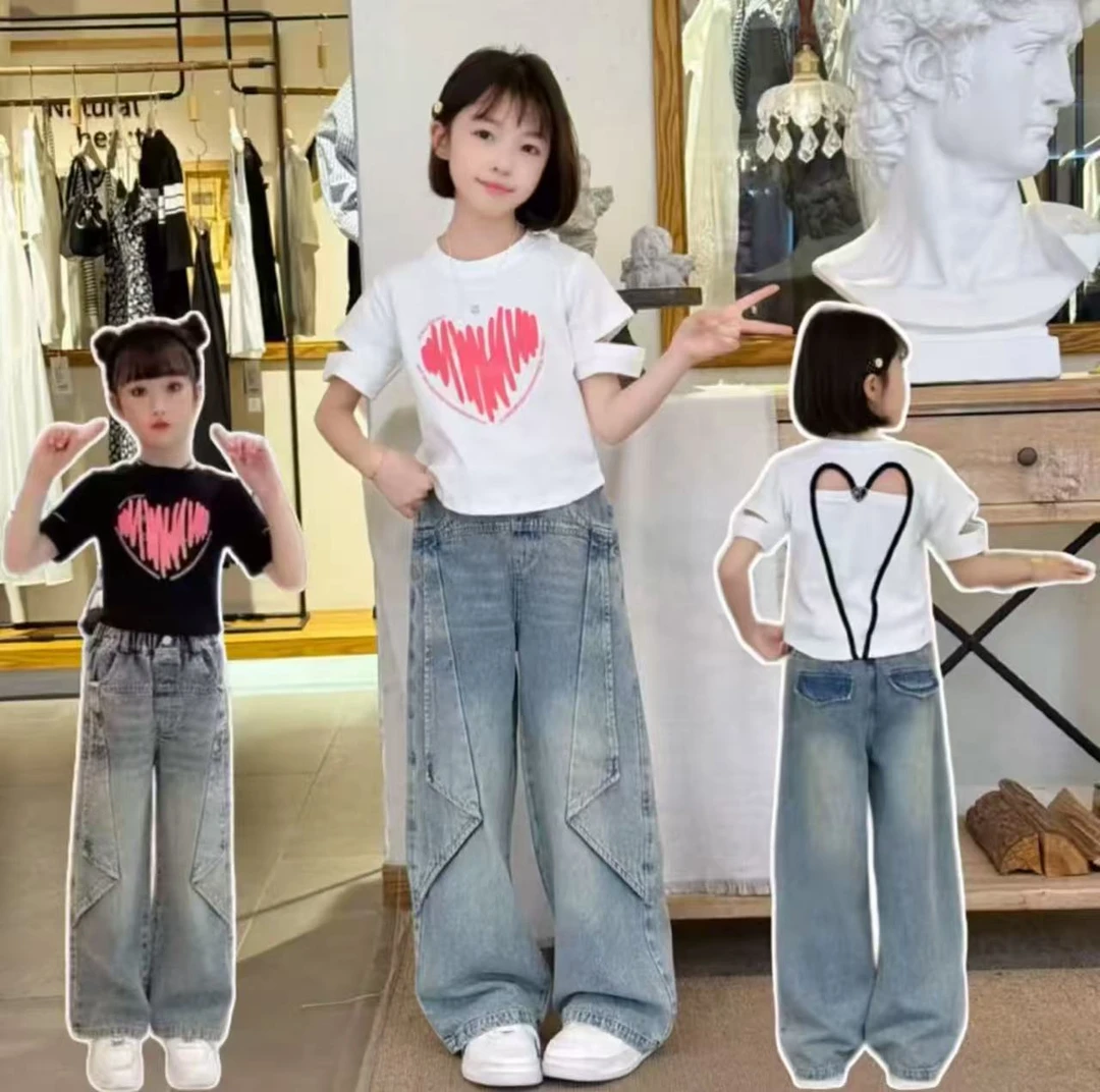 女童爱心镂空t恤夏季2025新款中大童短袖儿童洋气上衣飞机裤套装
