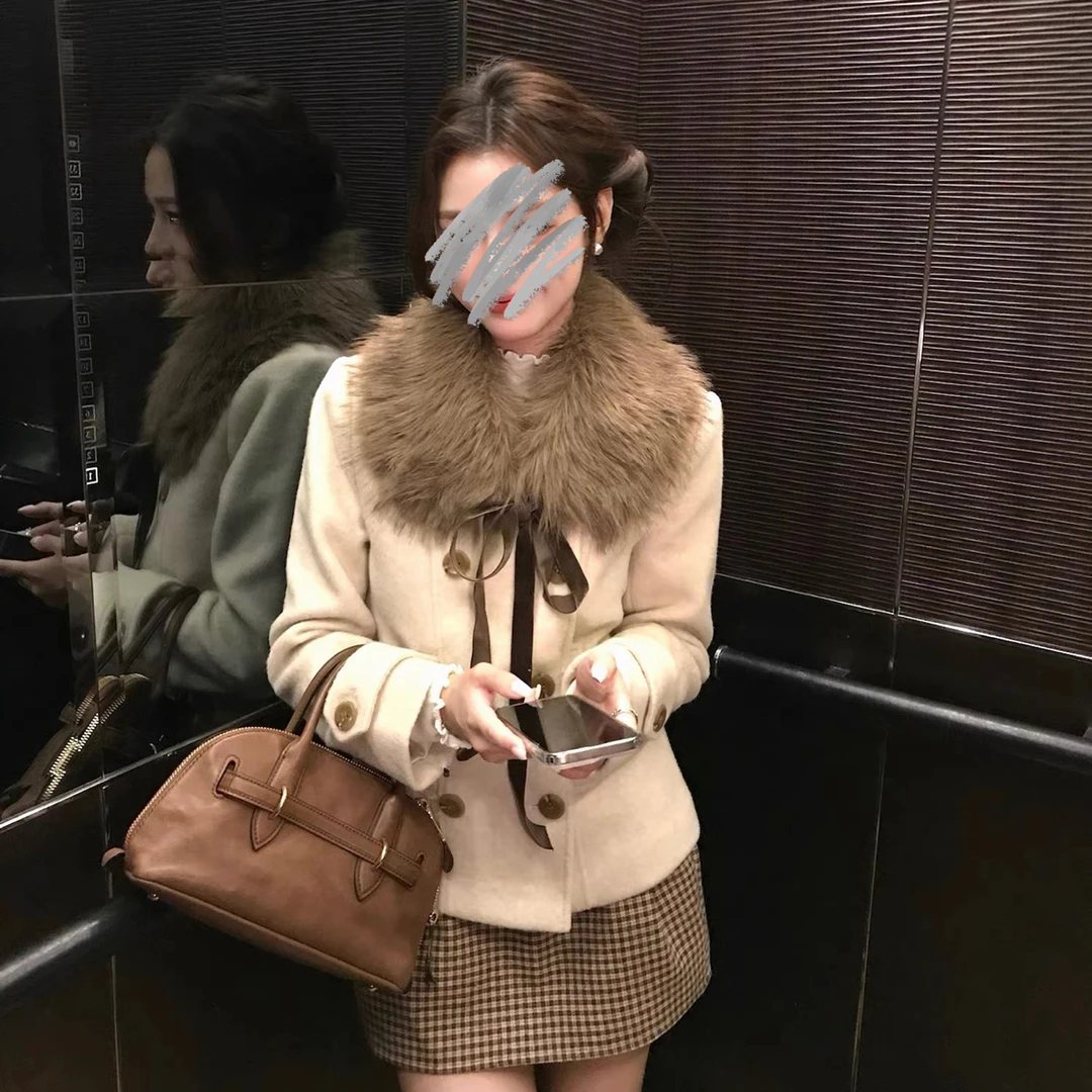 昭和千穗 日系古早感收腰双排扣单面呢外套秋冬保暖