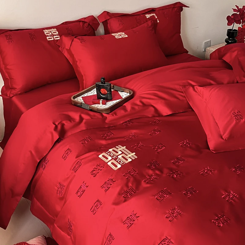 水星高端家纺新中式结婚四件套红色南通家纺高级感婚嫁喜被百囍新