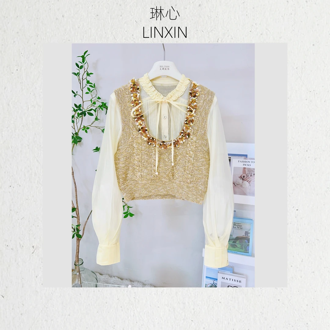 春季新款轻奢气质设计感重工亮片针织假两件套头衫 1152