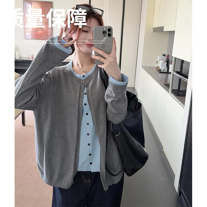 假两件撞色哺乳上衣秋冬大码针织开衫显瘦辣妈款外出喂奶长袖毛衣