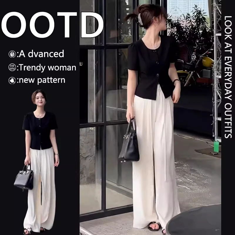 2025年夏季气质显瘦百搭短袖纯色短外套搭配直筒休闲阔腿裤两件套