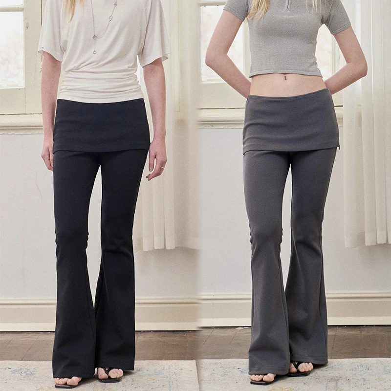 ANTIFORM背构2025新款春夏设计感低腰假两件微喇叭休闲长裤卫裤女