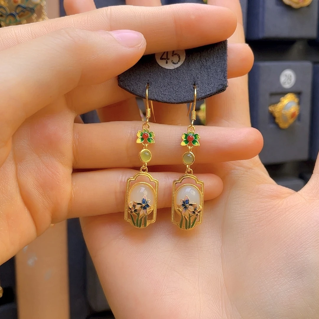 和田玉耳饰银S925镀金镶嵌