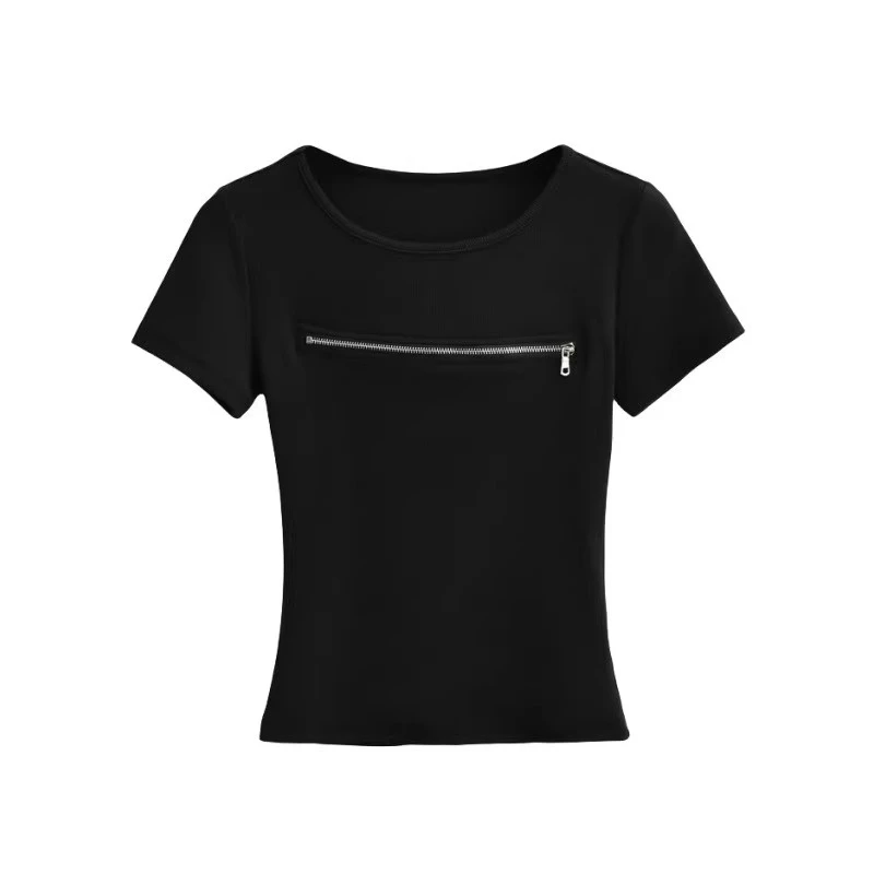 微胖辣妹2025镂空设计感新款修身显瘦短款拉链短袖上衣T恤女上衣