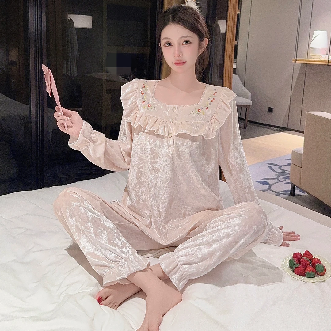 睡衣女秋冬季金丝绒长袖大码2025新款钻石绒粉色套装可外穿家居服