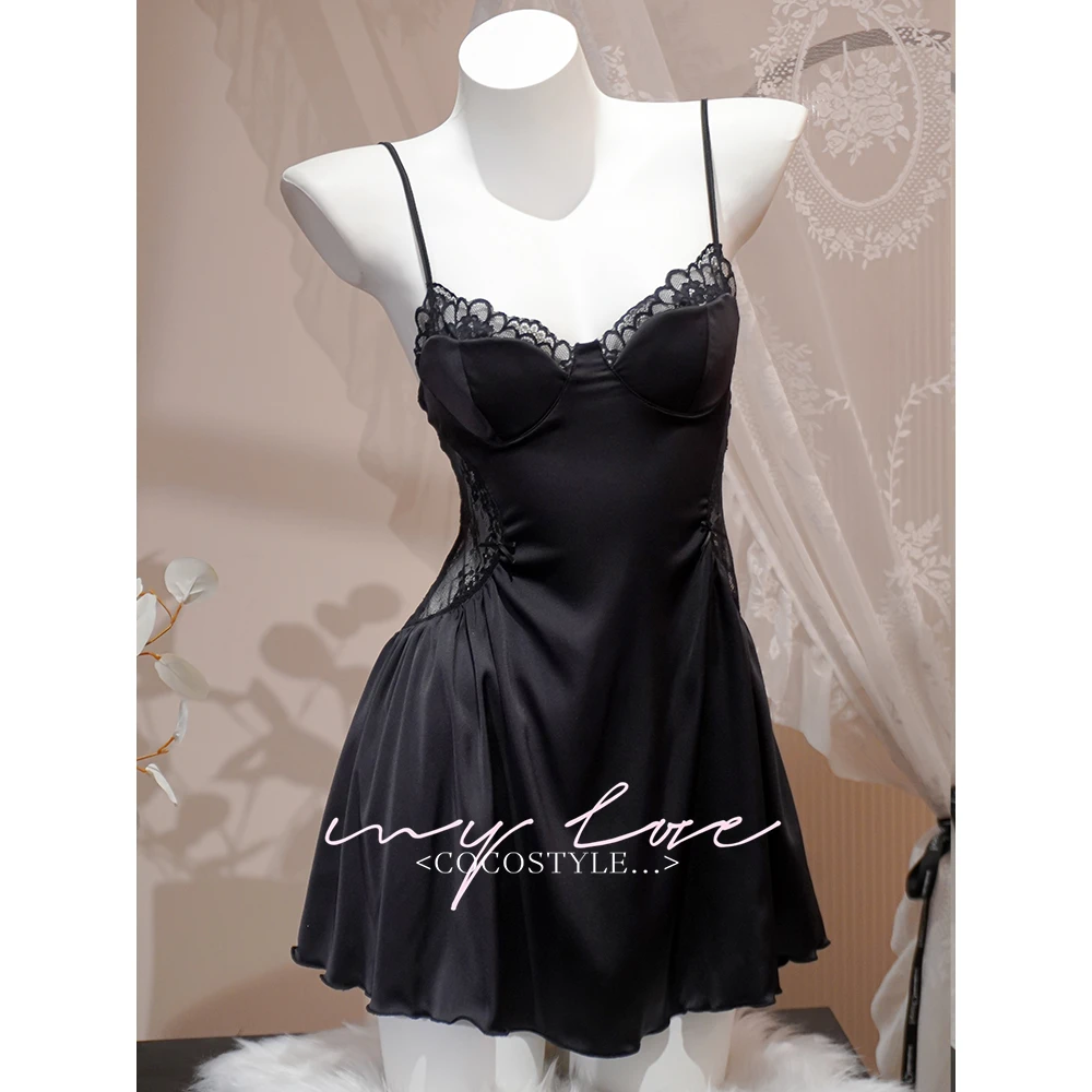 【隐衫之欲】性感冰丝睡衣纯欲风蕾丝带胸垫绑带诱惑吊带法式睡裙