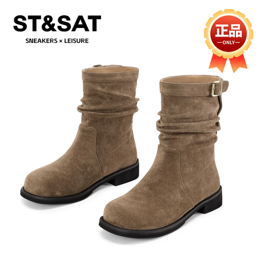 星期六舒适潮流时尚时装靴女士2025秋冬英伦风不累脚褶皱堆堆短靴