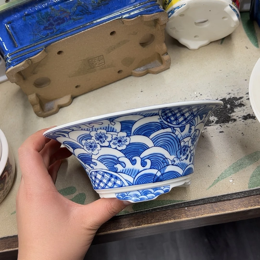 花盆紫砂623号瑕疵17/7cm仿手绘海浪花纹