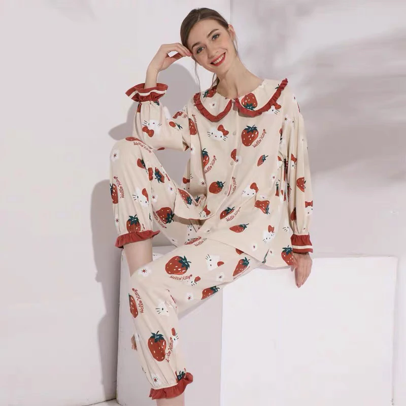 KT猫睡衣女春秋韩版甜美可爱纯棉长袖可外穿家居服女套装春