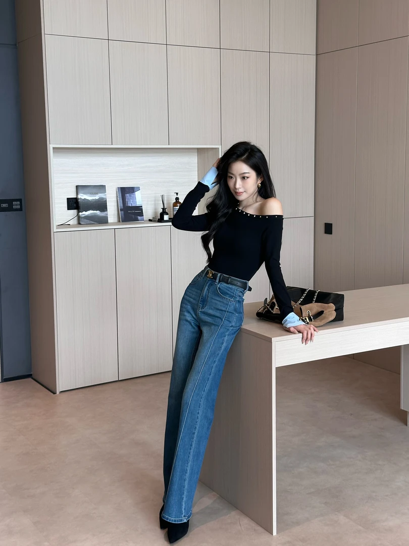 MEINA【雾光铃兰】法式复古时尚气质休闲百搭显瘦高级设计感牛仔裤