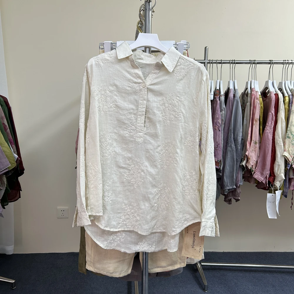 复古苎麻上衣女2025春夏新款宽松长袖衬衫时尚翻领休闲显瘦小衫