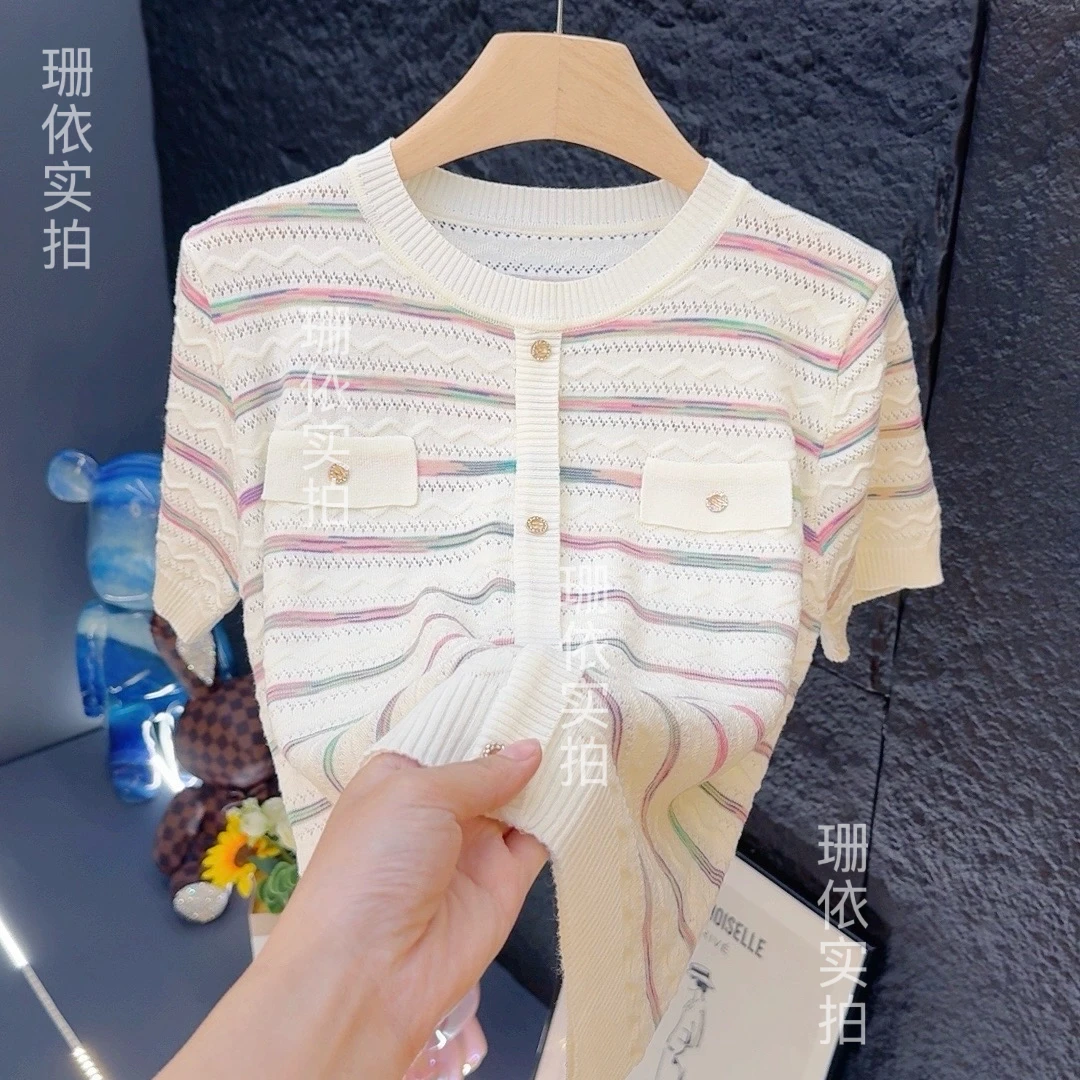 宽松显瘦【80-160斤】冰丝短袖T恤女小香风假开衫圆领气质薄款208