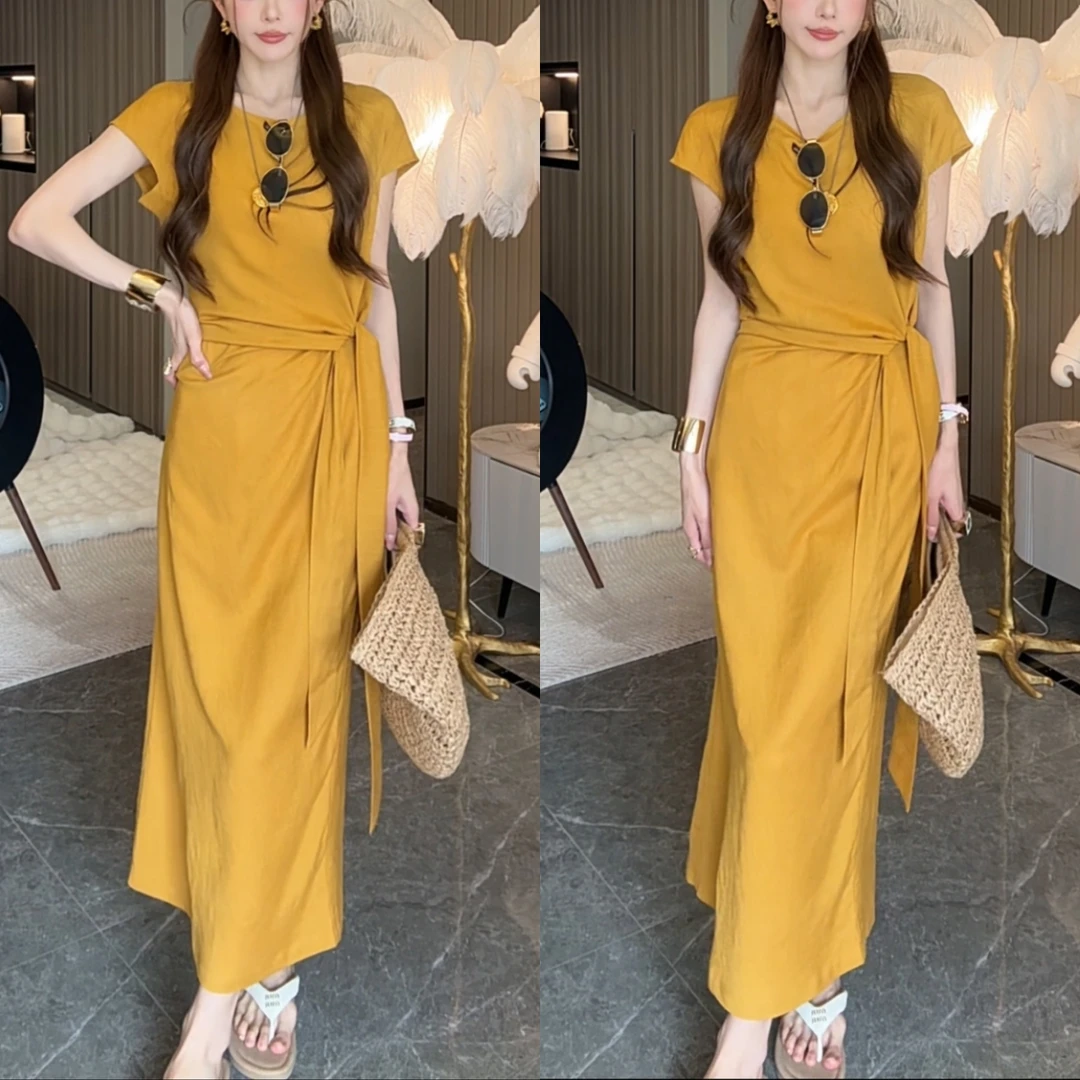 2025年夏季新款时尚设计感气质收腰显瘦飞飞袖中长款休闲连衣裙子