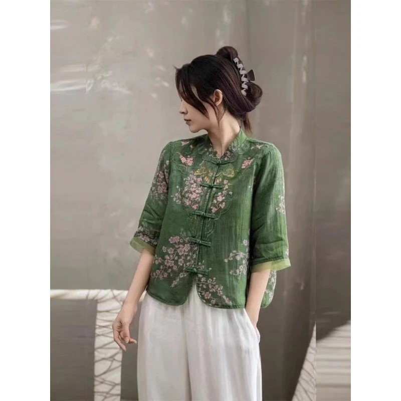 正版14.国风上衣刺绣衬衫2025夏季新款洋气中式盘扣衬衣立领开衫