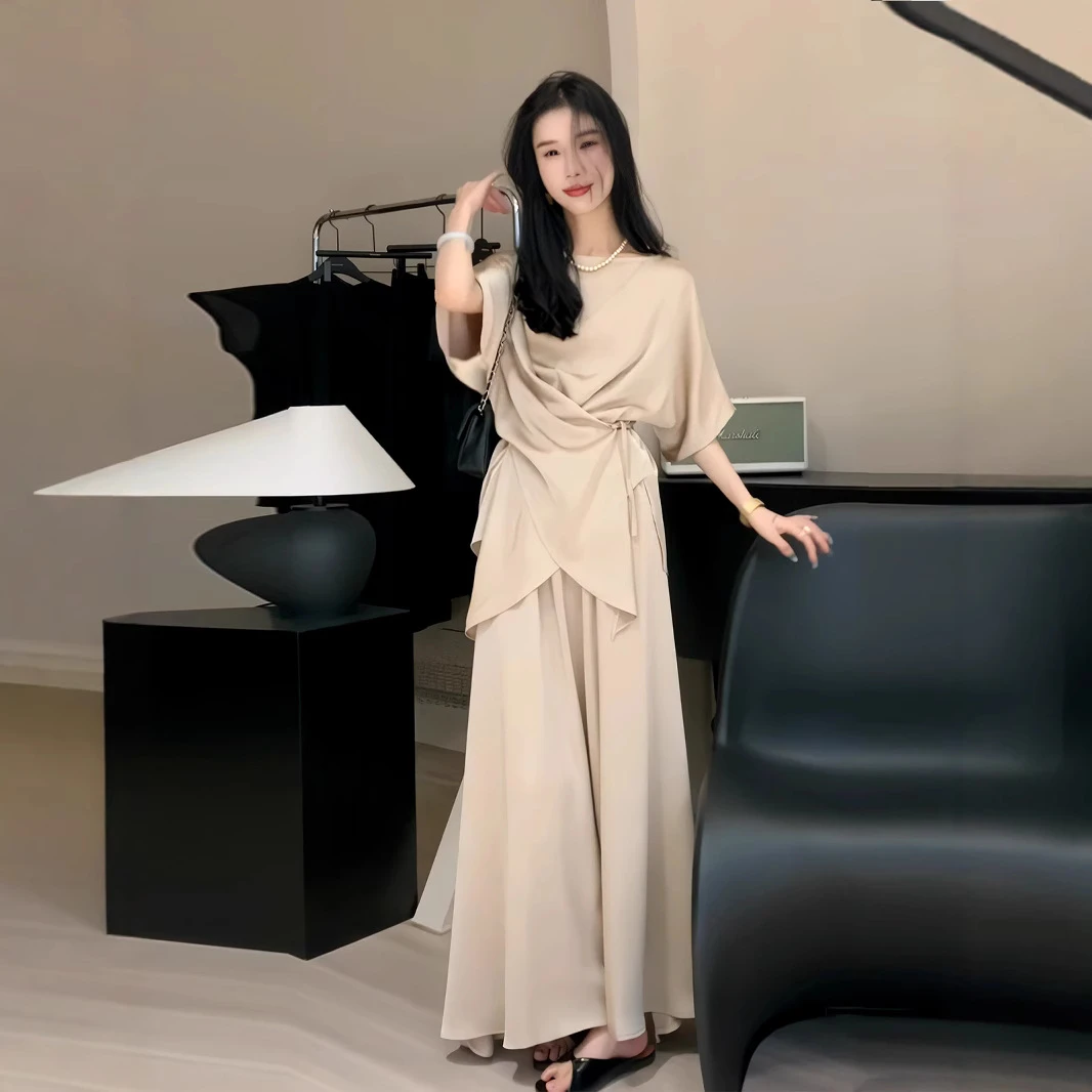 胖mm法式交叉系带短袖衬衫高腰半身裙女夏新款高级感气质时尚套装