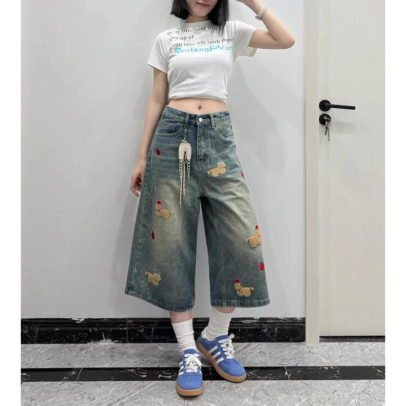 微胖mm辣妹设计感宽松七分牛仔裤女夏季新款趣味小狗毛巾绣短裤