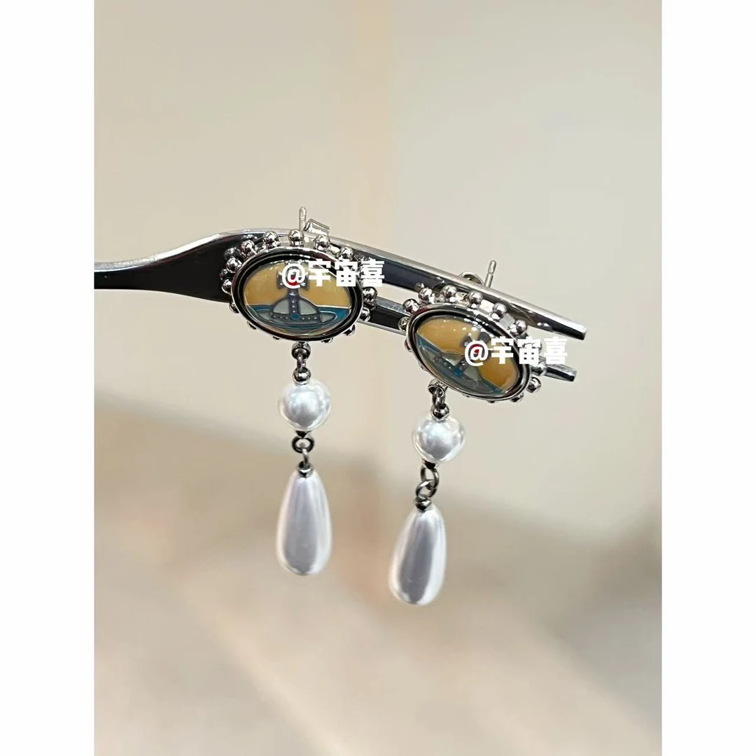 铜合金仿珍珠耳饰  Q2-004【珐琅黄咖撞色徽章星球坠贝珠流苏耳钉】