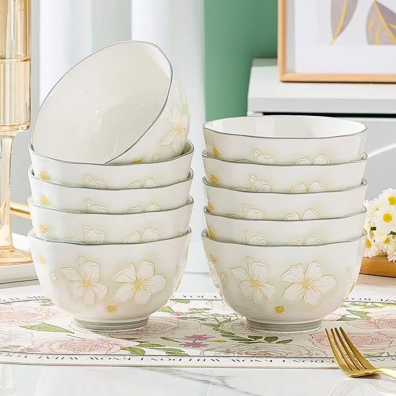 黄金叶手绘浮雕陶瓷餐具家用米饭碗圆盘双耳汤碗餐盘组合家庭装
