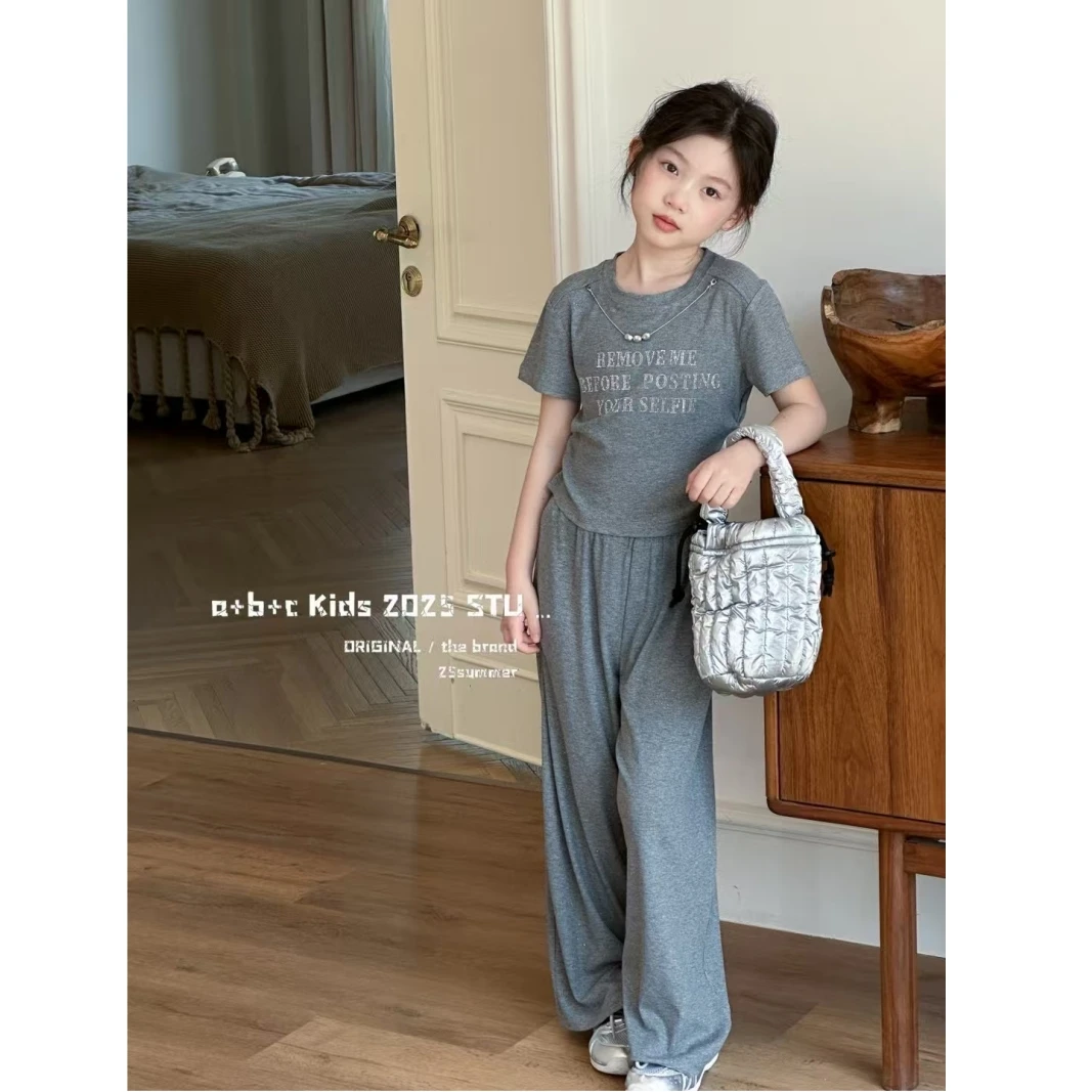 韩版女童装儿童中大童夏季时髦字母烫钻短袖短裤套装亲子装少女装