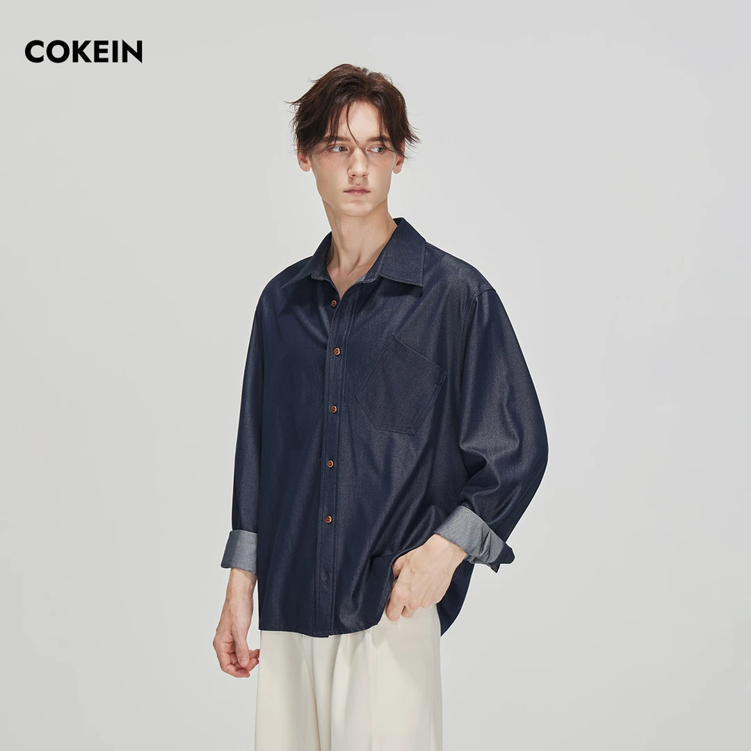 COKEIN长袖衬衫男2025秋冬复古上衣原创设计仿牛仔不规则拼接衬衣
