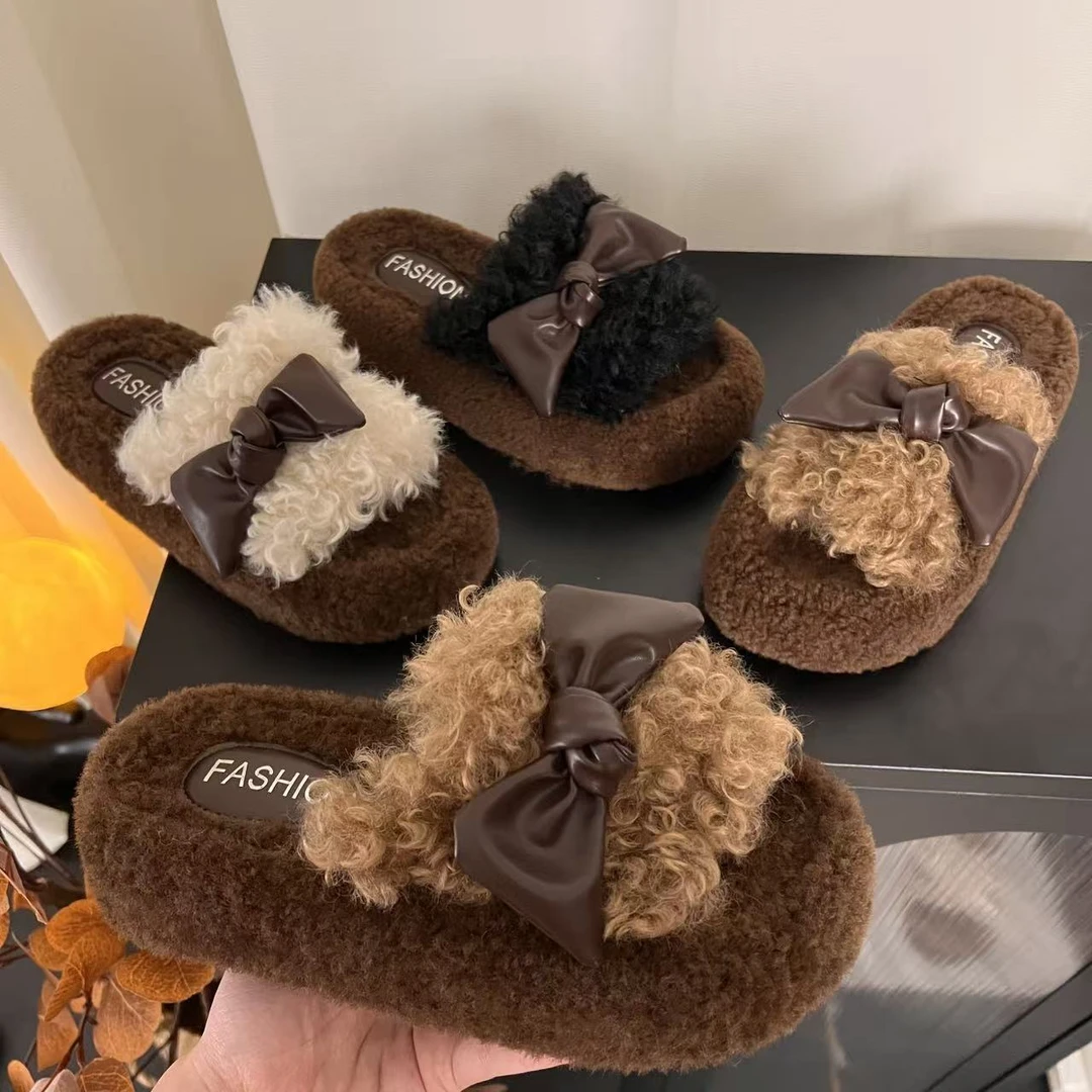 厚底蝴蝶结毛毛拖鞋女2025秋冬新款软底百搭保暖网红拖居家棉拖