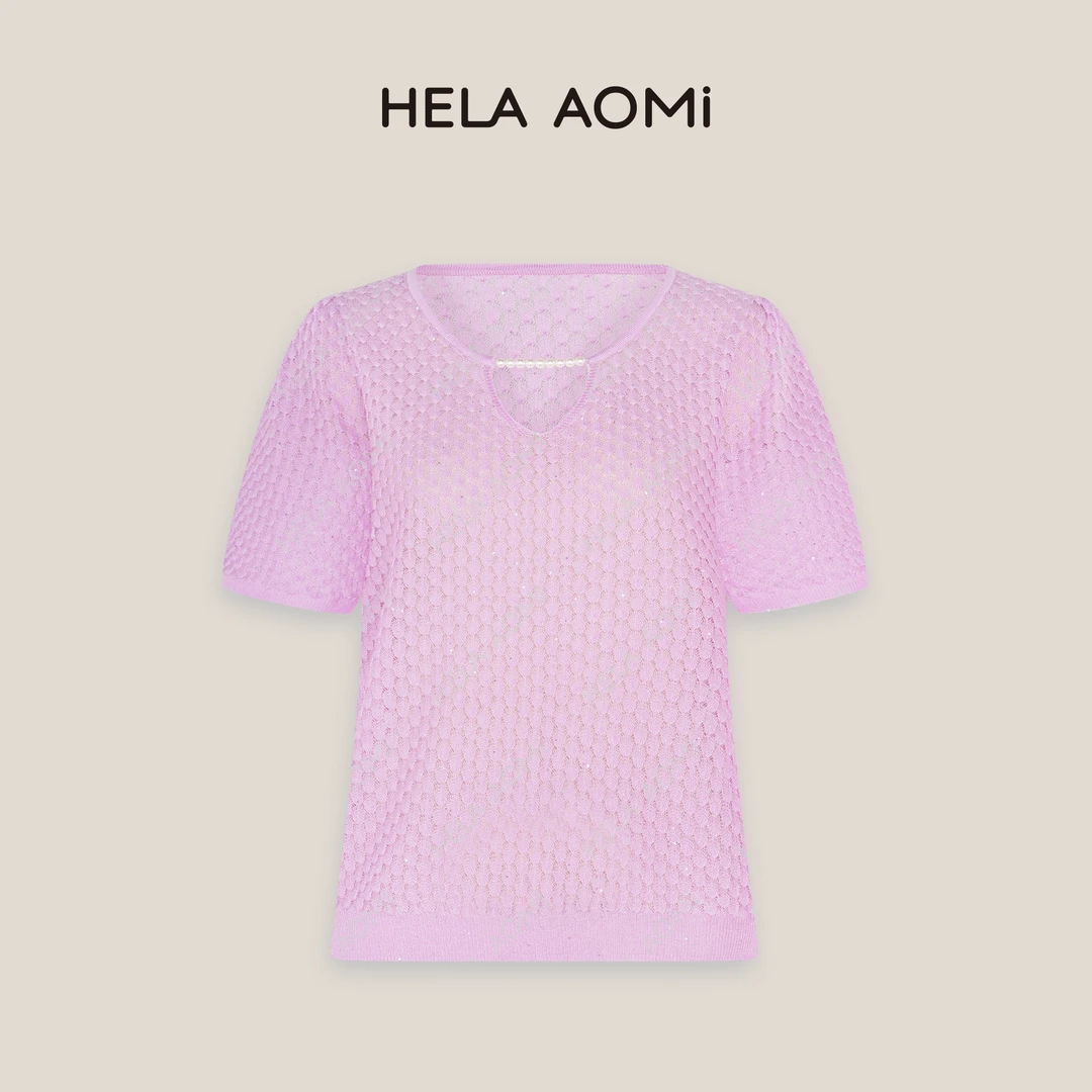 HELAAOMI“珍珠人鱼”莱赛尔立体镂空串珠针织短袖上衣CY5BC32409