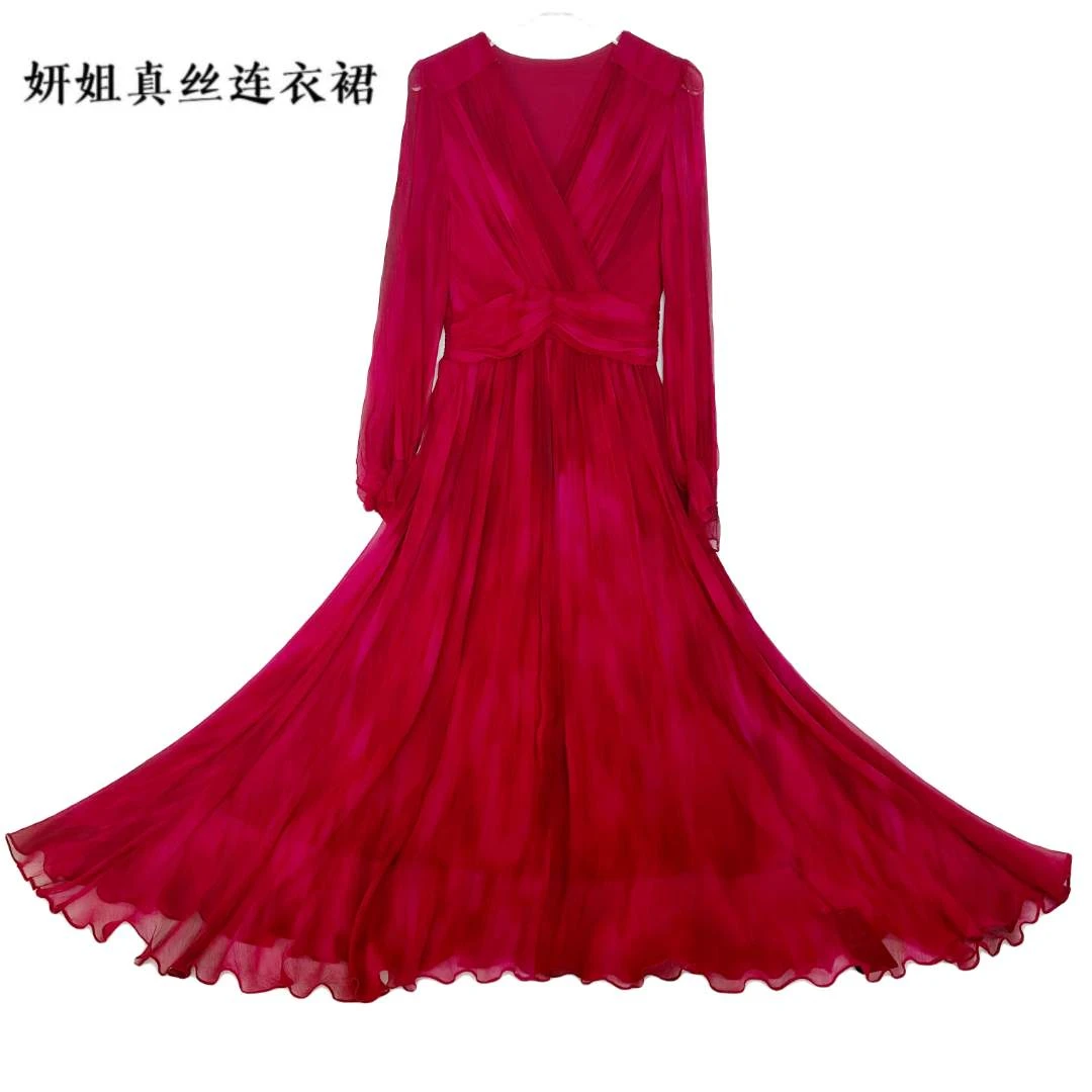 2025【雅典娜】红色气质大摆v领360度气质返潮复古干枯玫瑰240116