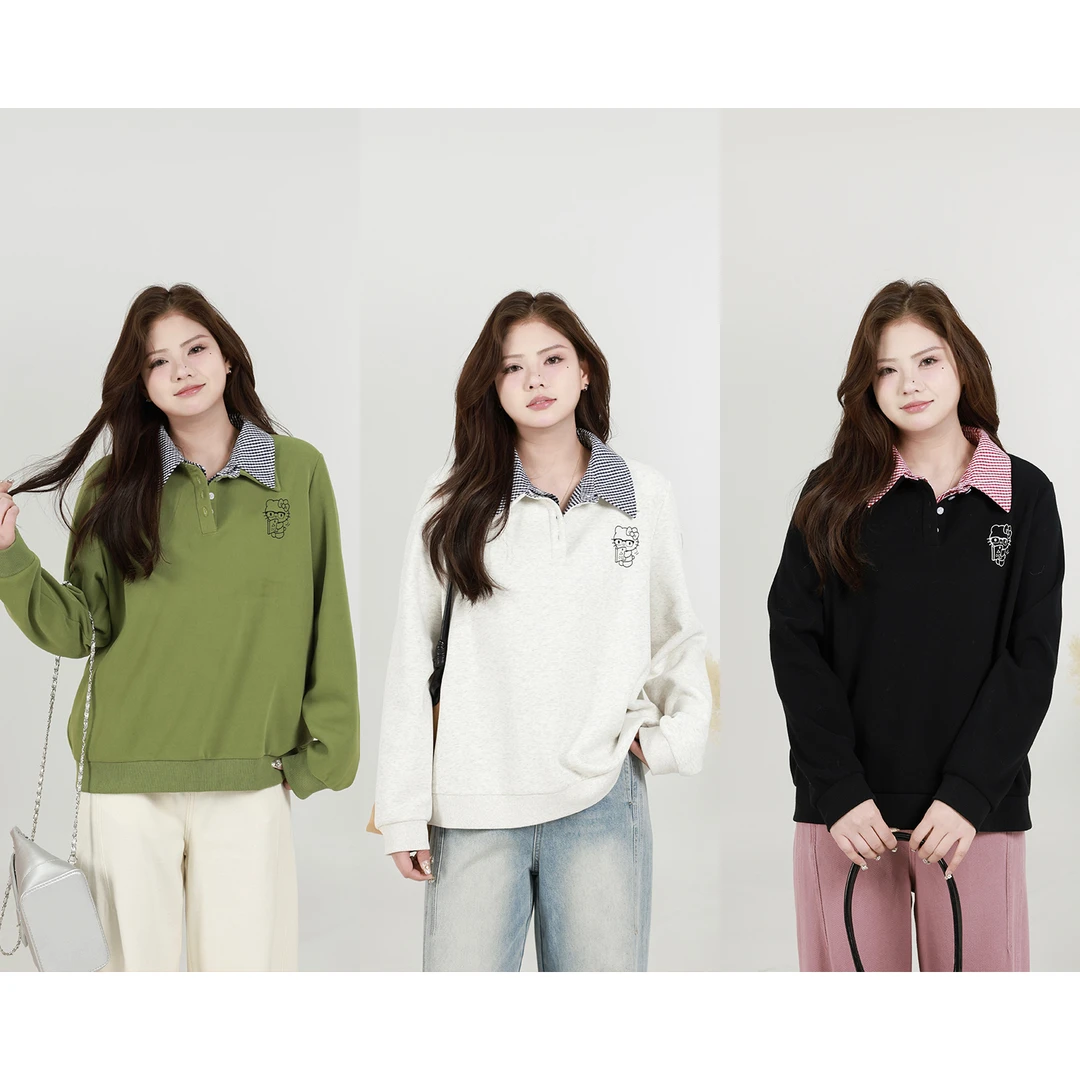 QC【心动top】微胖大码女装春季新款拼接POLO领百搭卫衣