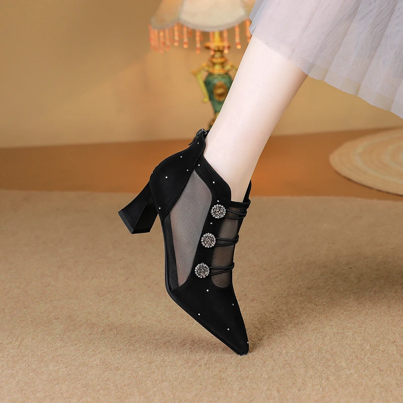 9079牛皮早春新款/33/41尖头高/粗跟时装春后拉链百搭网纱凉鞋女