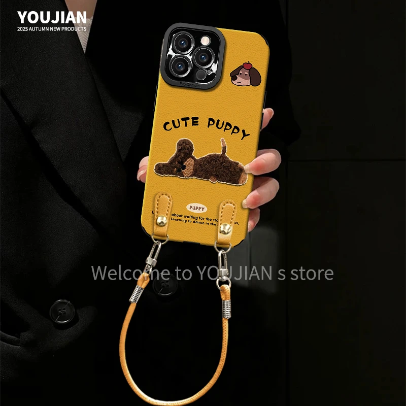 适用【苹果/oppo/华为/vivo/小米】秋冬姜黄色刺绣小狗网红防摔女款