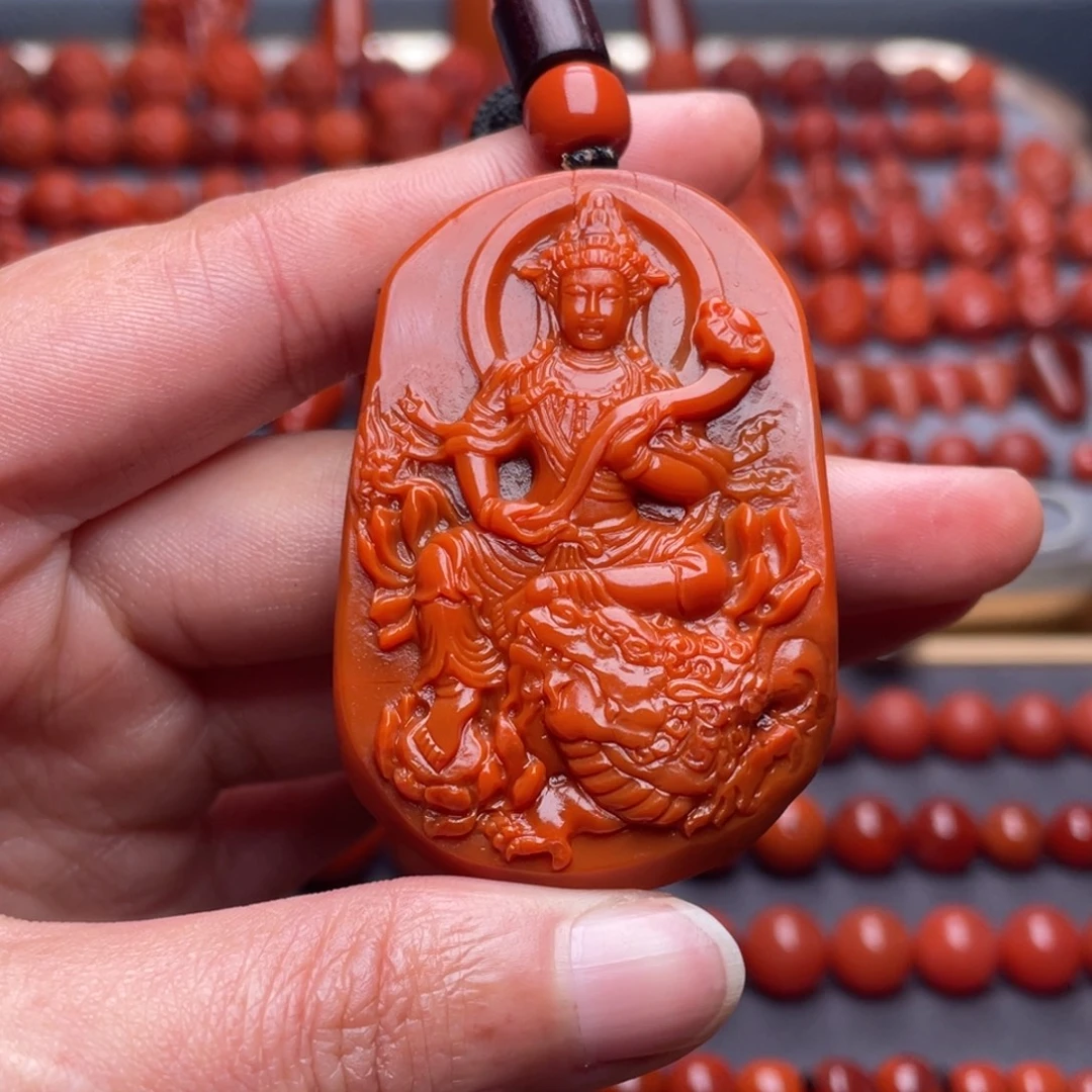 南红玛瑙未镶嵌其他W54*36*12瓦西柿子红文殊菩萨吊坠