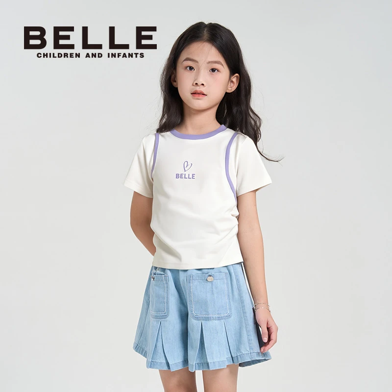 专柜正品BELLE假俩件夏季新款棉质半袖t恤女童生日party公主裙