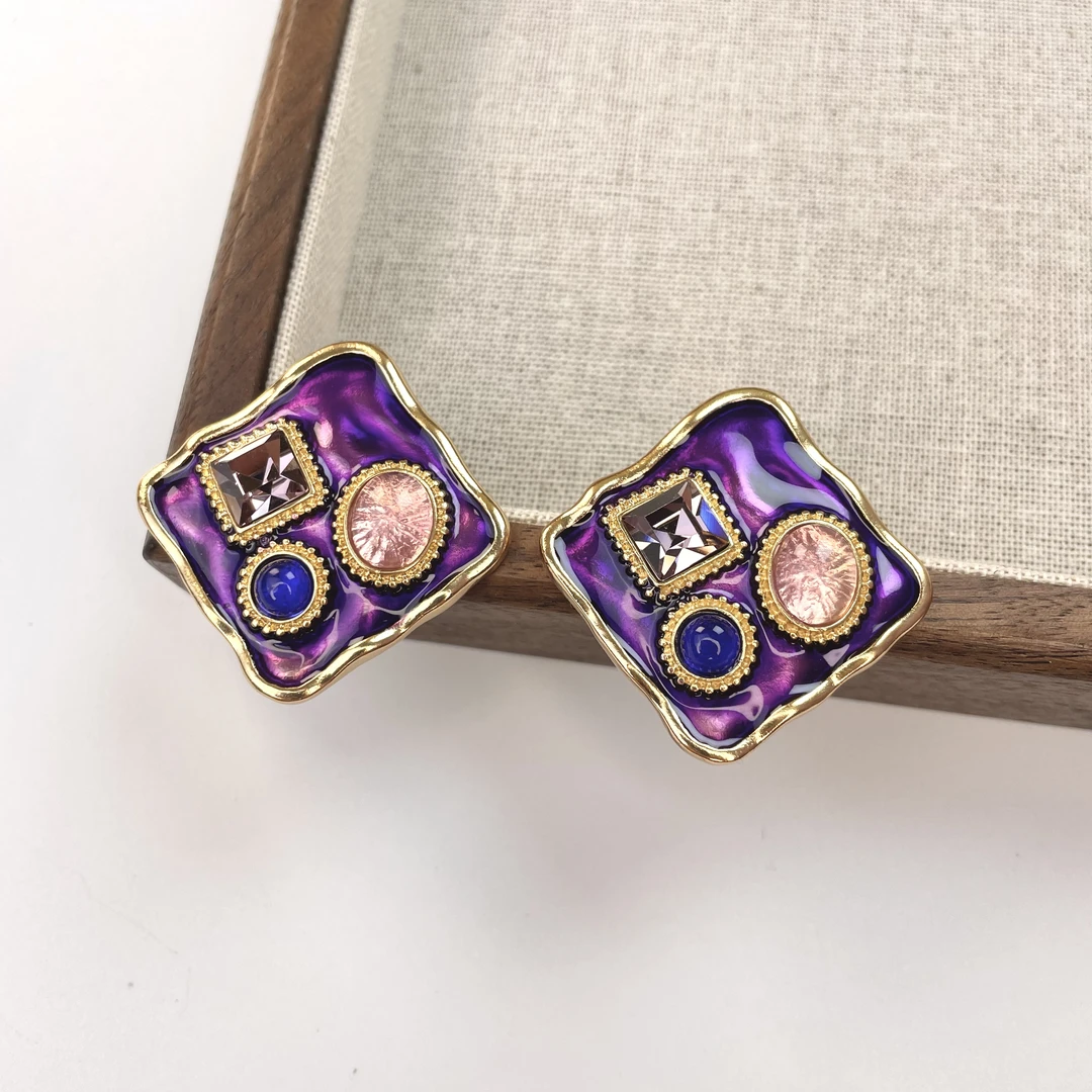 铜合金耳饰 买三送一轻奢时尚复古法式彩色紫色素款耳钉