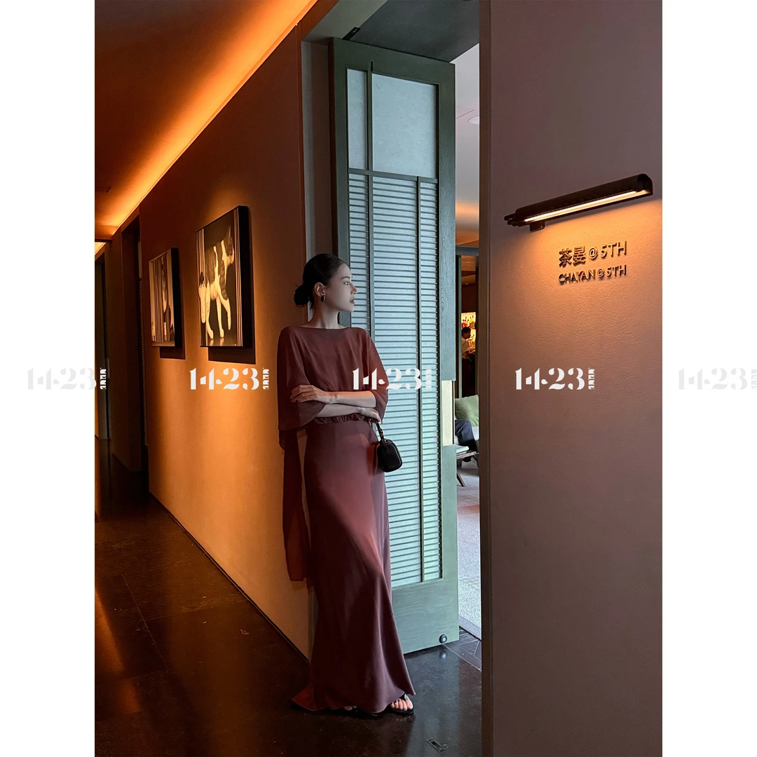 1423【雅典斜影】轻奢优雅22姆米100真丝弹力双乔飘带显瘦连衣裙