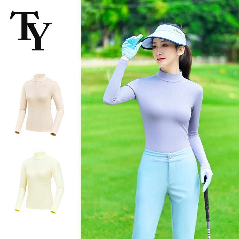 高尔夫球服女士半高领薄绒打底衫秋冬款内搭纯色保暖长袖上衣