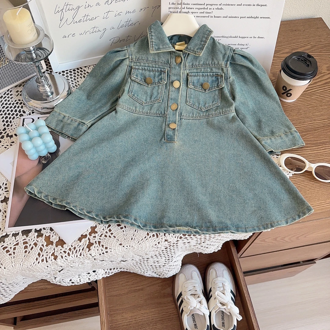 女童牛仔裙春秋季新款洋气时尚休闲翻领气质牛仔连衣裙AQA025