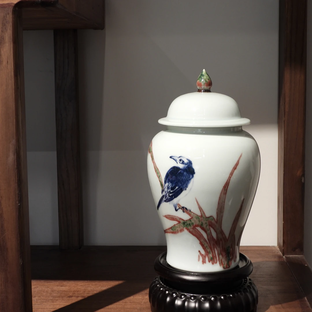 易炎窑原创手工手绘原矿青花釉里红将军罐醒茶罐色差放漏家居摆件