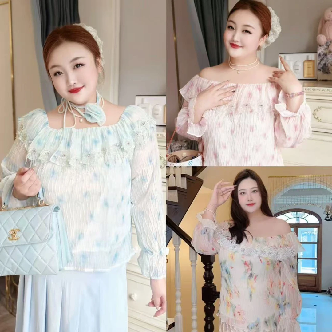 【南fa庄园】钻石家大码轻奢印花一字肩钉珠衬衫上衣 DCY2517