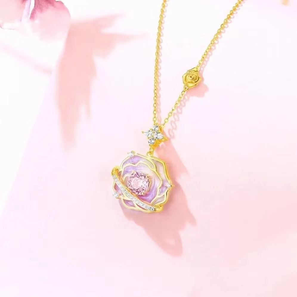 坠链均足银 990新款珐琅彩玫瑰花星语项链纯银