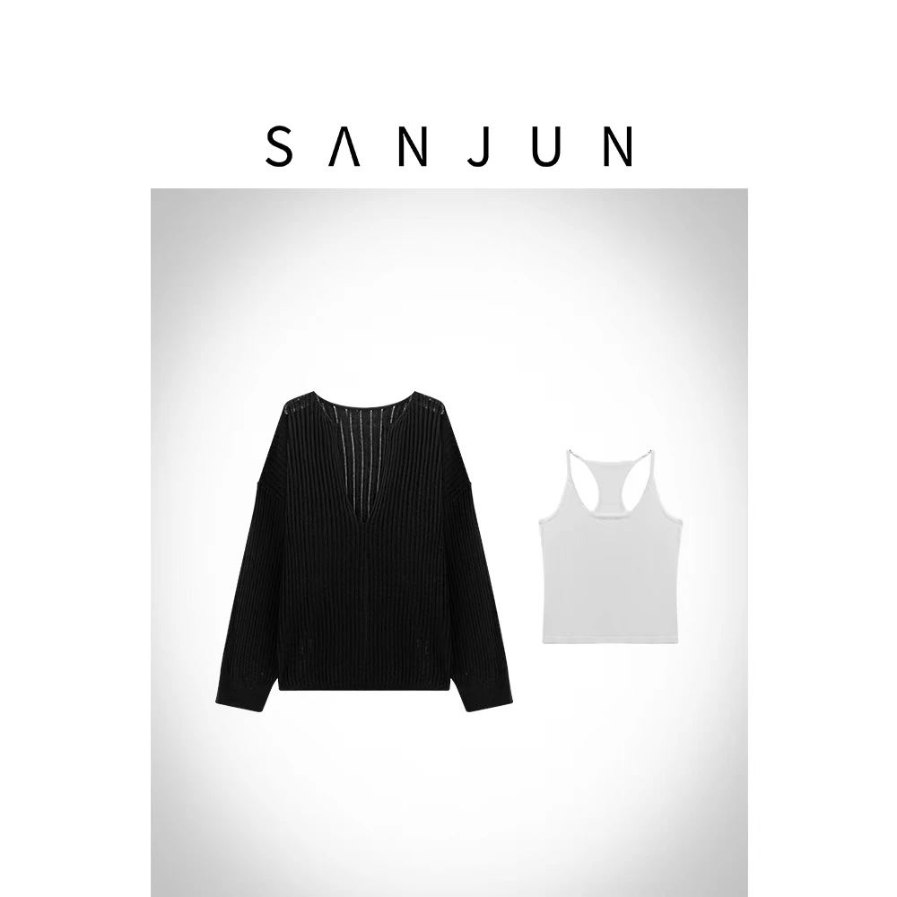 SanJun定制工字背吊带+V领针织衫两件套装  M 1780