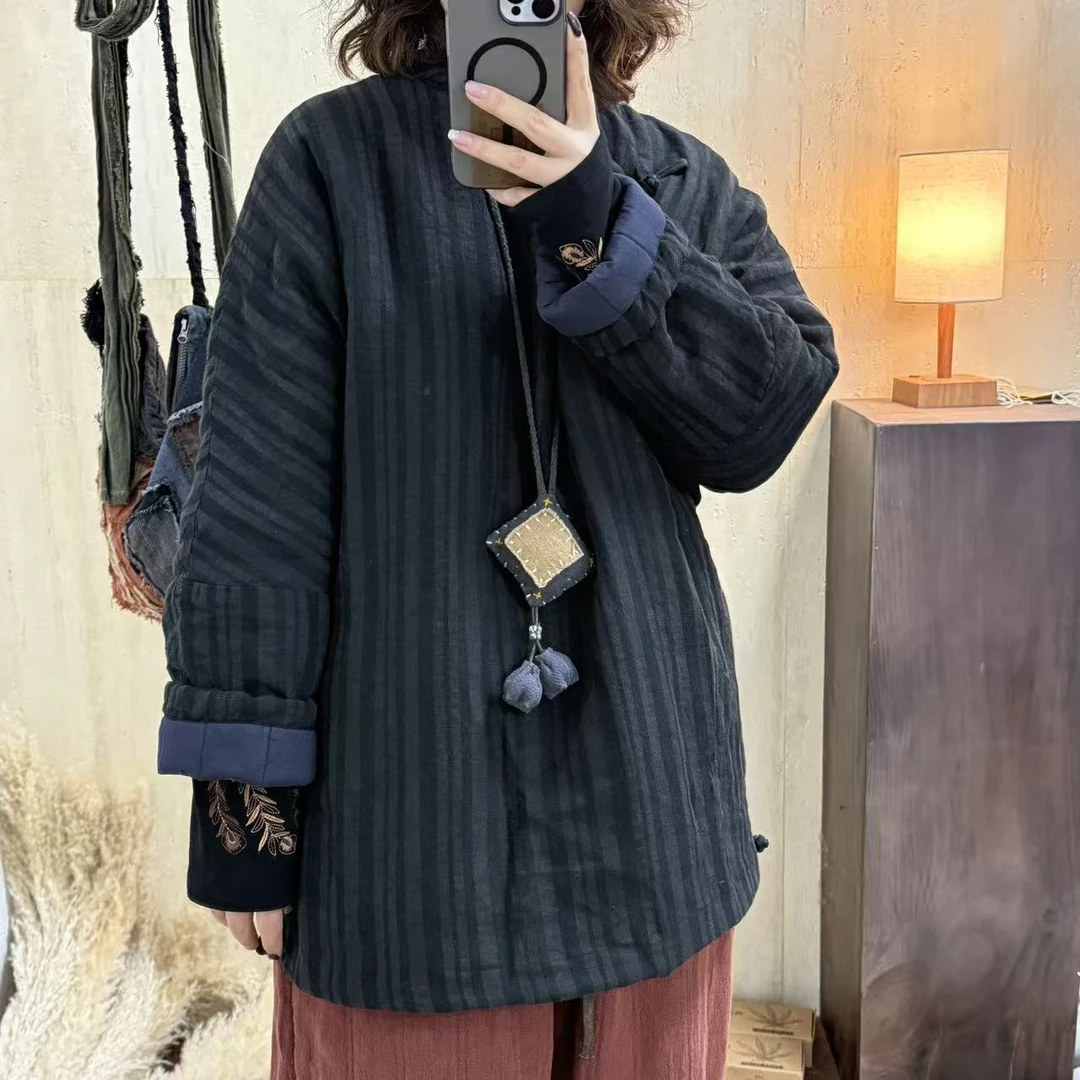 [那年]   盘扣做旧复古休闲中长款唐装长袖上衣斜襟棉服