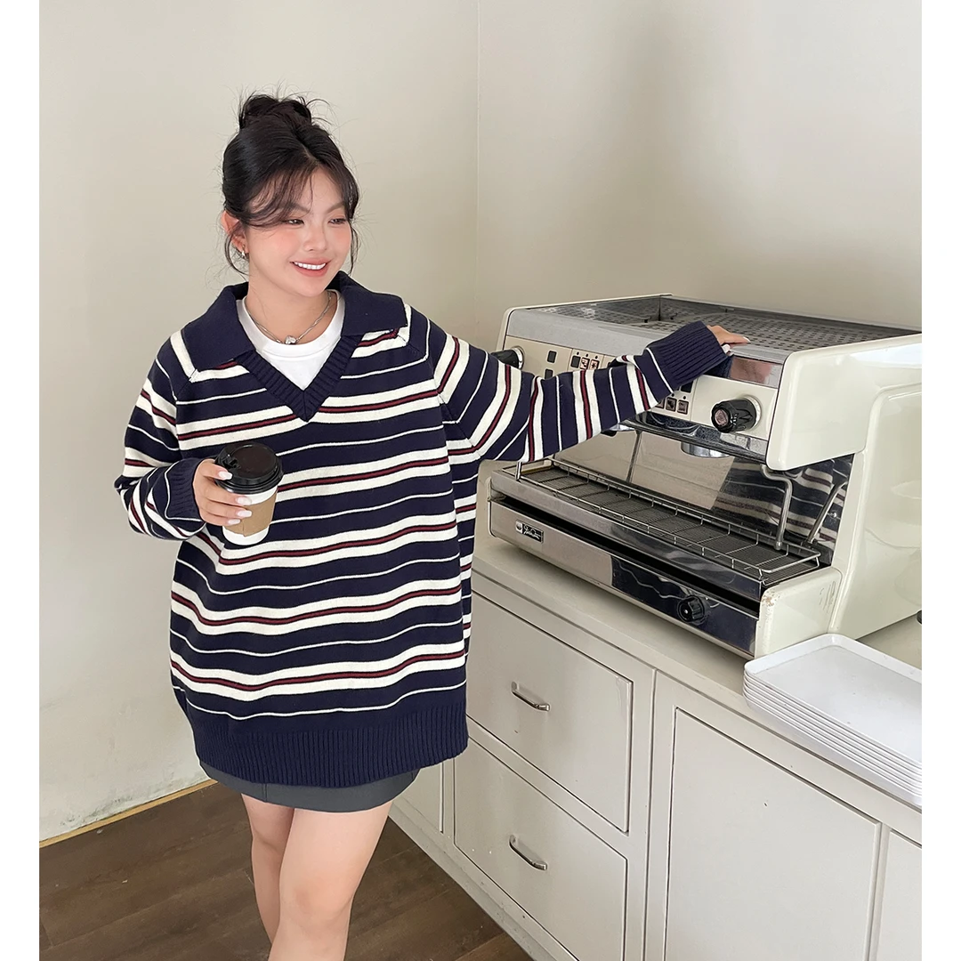 大码女装新款拼色条纹长袖套头显瘦百搭毛衣慵懒风上衣