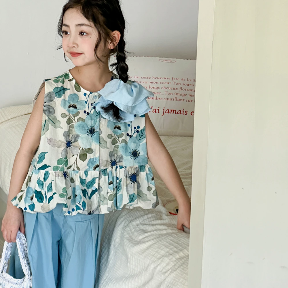 女童无袖衬衫夏装2025新款海边度假风夏季衬衣女大童森系背心上衣