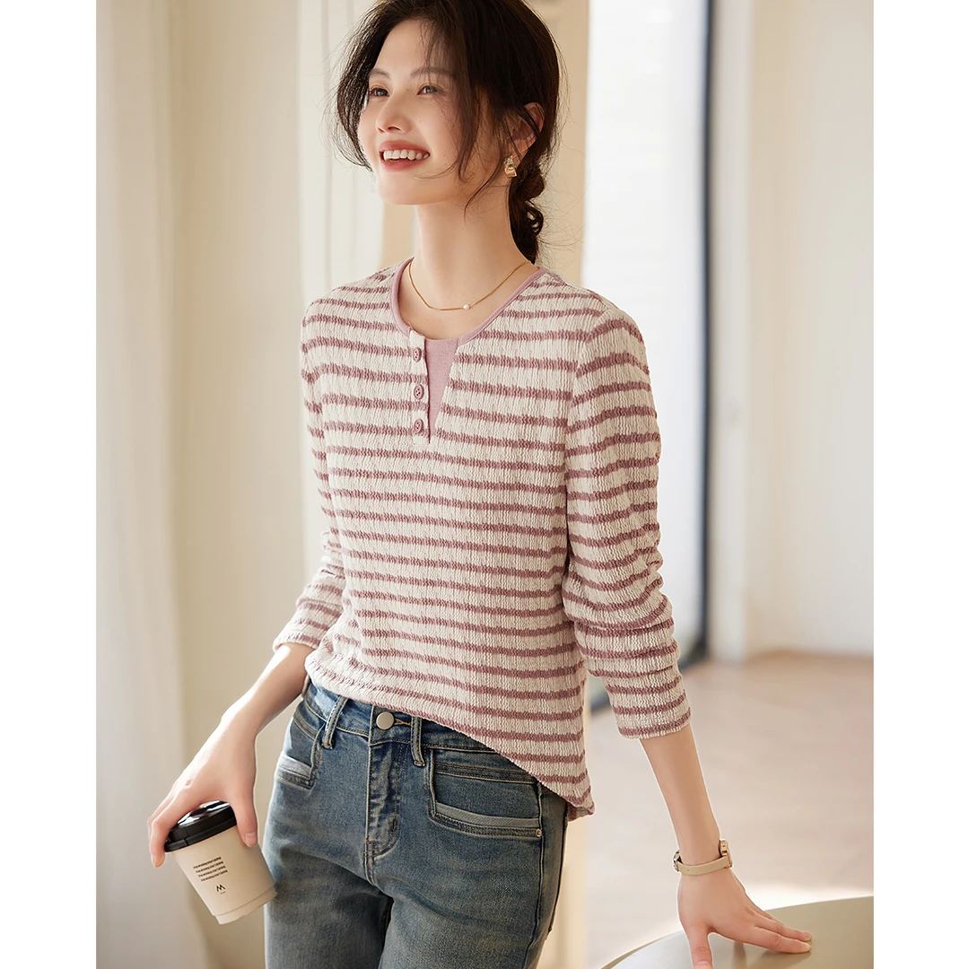 XWI/欣未【直播】气质肌理感面料针织T恤2025春时尚肌理针织长袖T恤